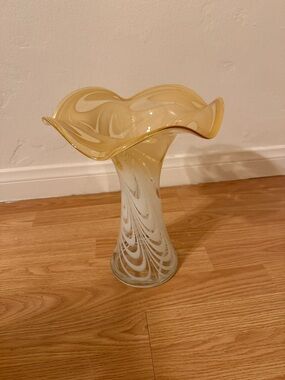 Vintage 13" Cavalier Art Glass Vase Hand Blown Yellow White Swirl W/Ruffled Edge